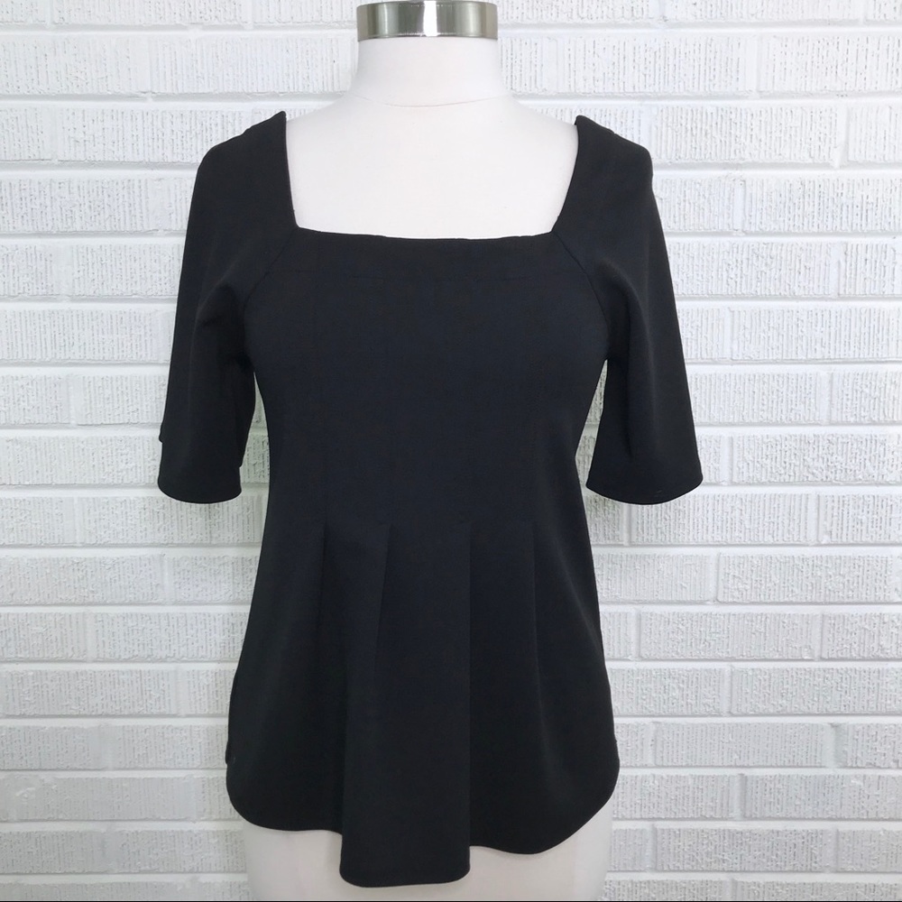 Ann Taylor Pleated Square Neck Blouse Top Black M - Picture 1 of 8